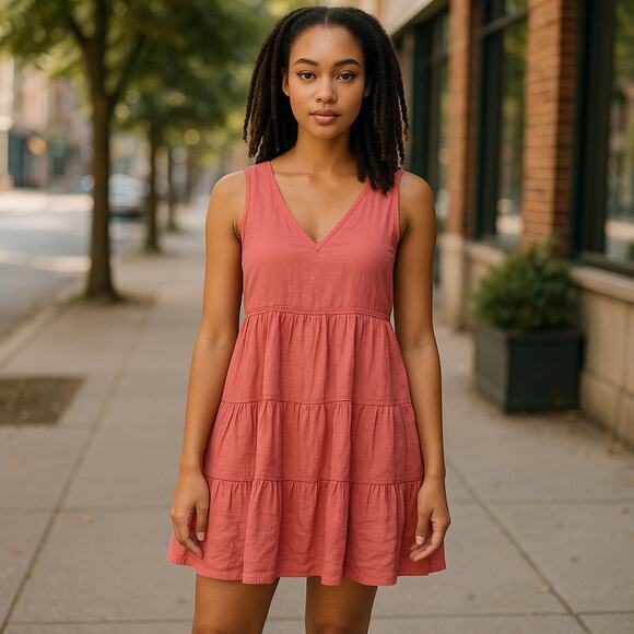 Lucky Brand Pink Linen Tiered Babydoll Mini Dress Small - Picture 12 of 12